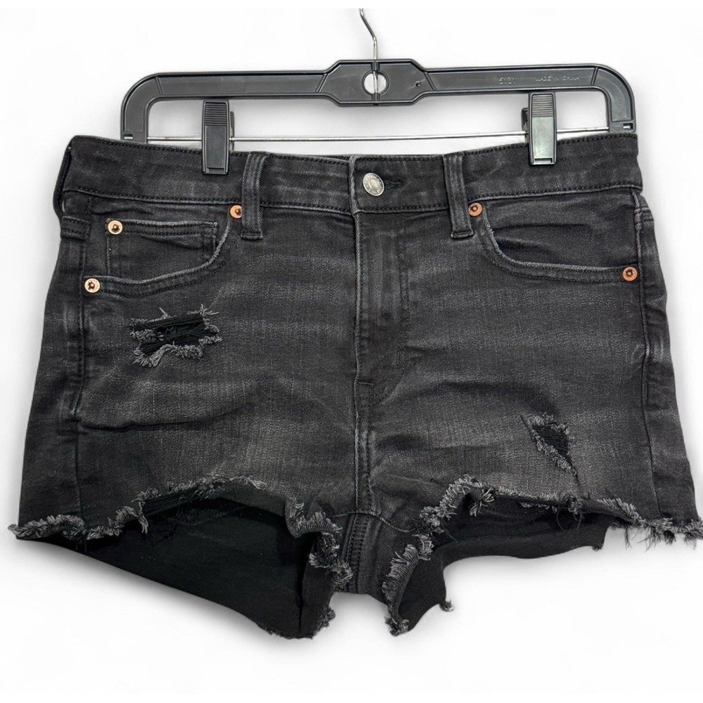AE Black Distressed Mom Shortie Denim Sz 6‎ Y2K Grunge Raw Cut-Off Hem Thrashed